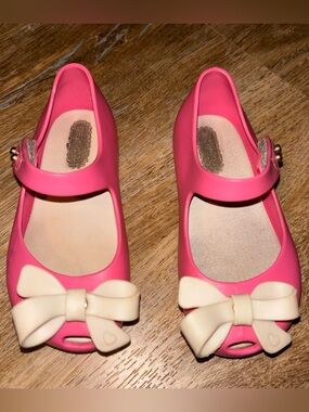 Mini Melissa Peep Toe Mary Jane Jelly Shoes With Bow Pink Toddler Girl US 7